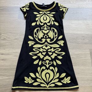 INC International Concepts Dress Women Petite Black Gold Embroidered Lined Cotto